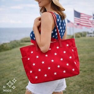 Amanda‎ Smith Red Large Tote Star Print Canvas Leather Trim Shoulder Bag